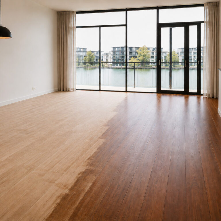 Eiken vloer in IJburg, Amsterdam, na schuren en opnieuw afwerken