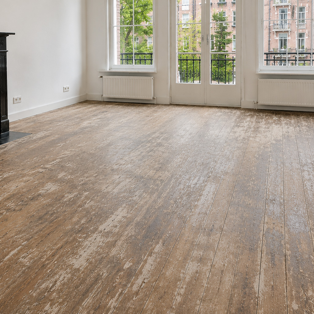 Eiken parket in De Pijp, Amsterdam, vóór het schuren