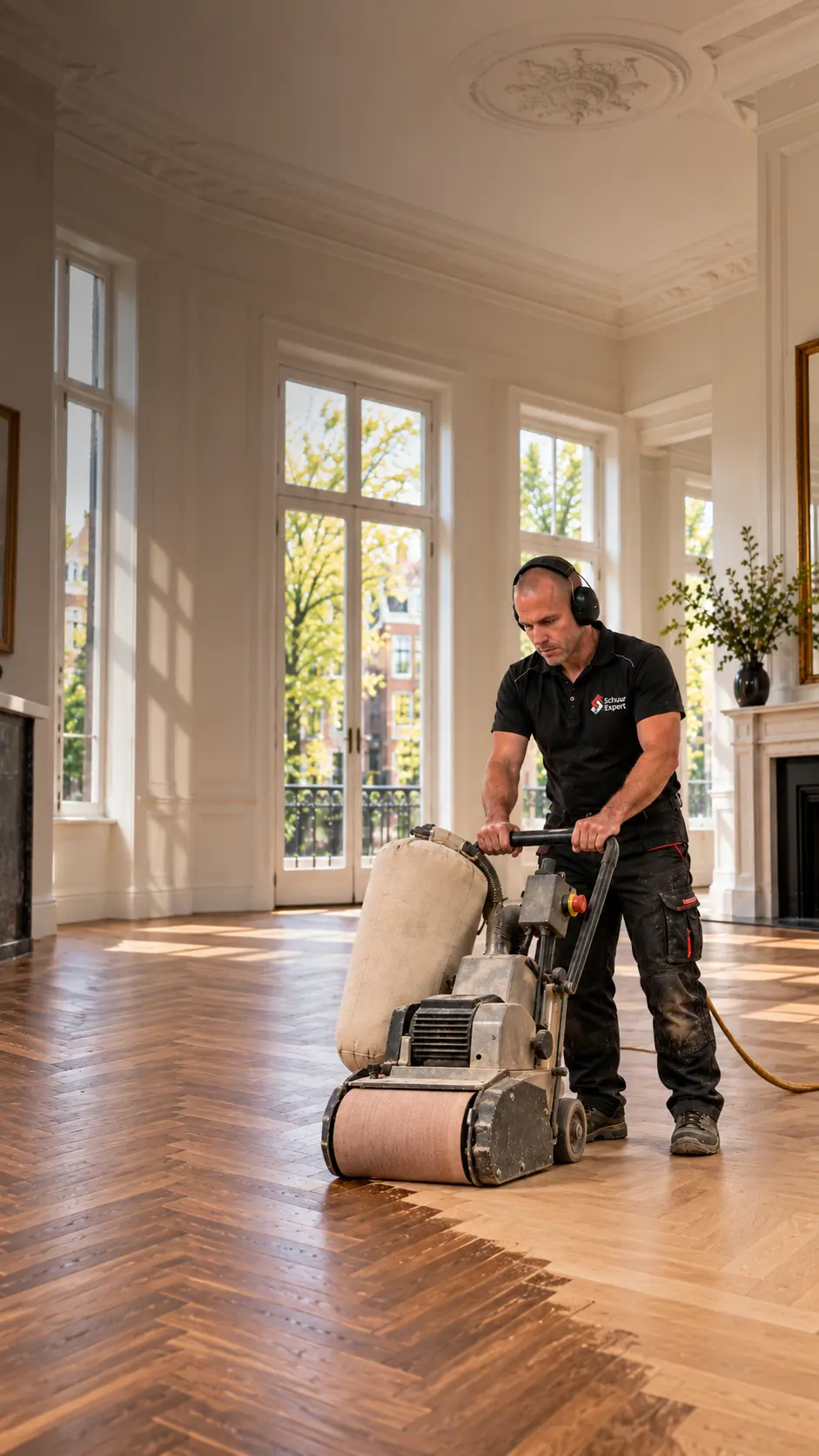 Parketteur aan het werk met een parketschuurmachine Parketteur aan het werk met een parketschuurmachine