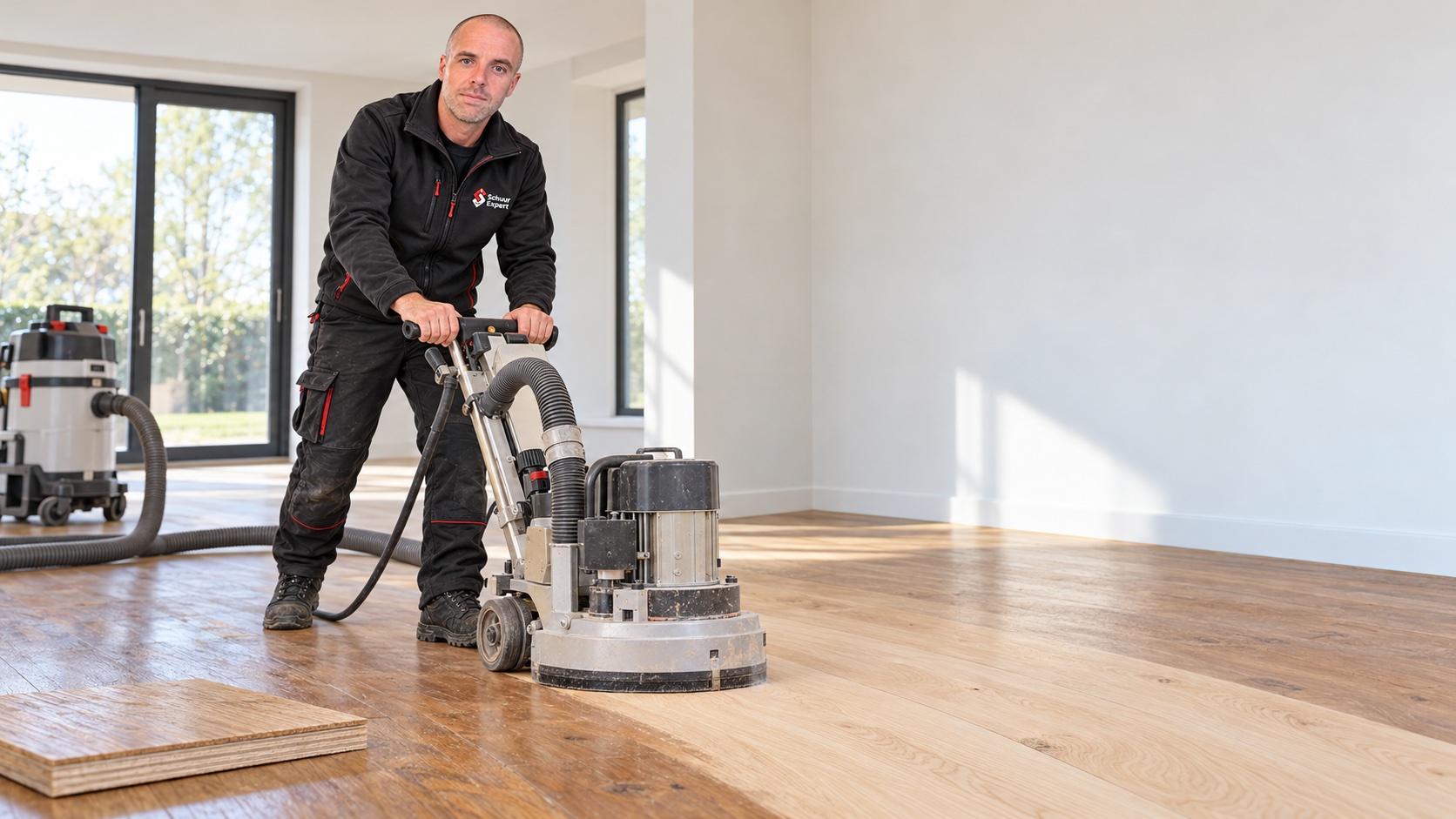 Michael schuurt een houten vloer met een professionele parketschuurmachine