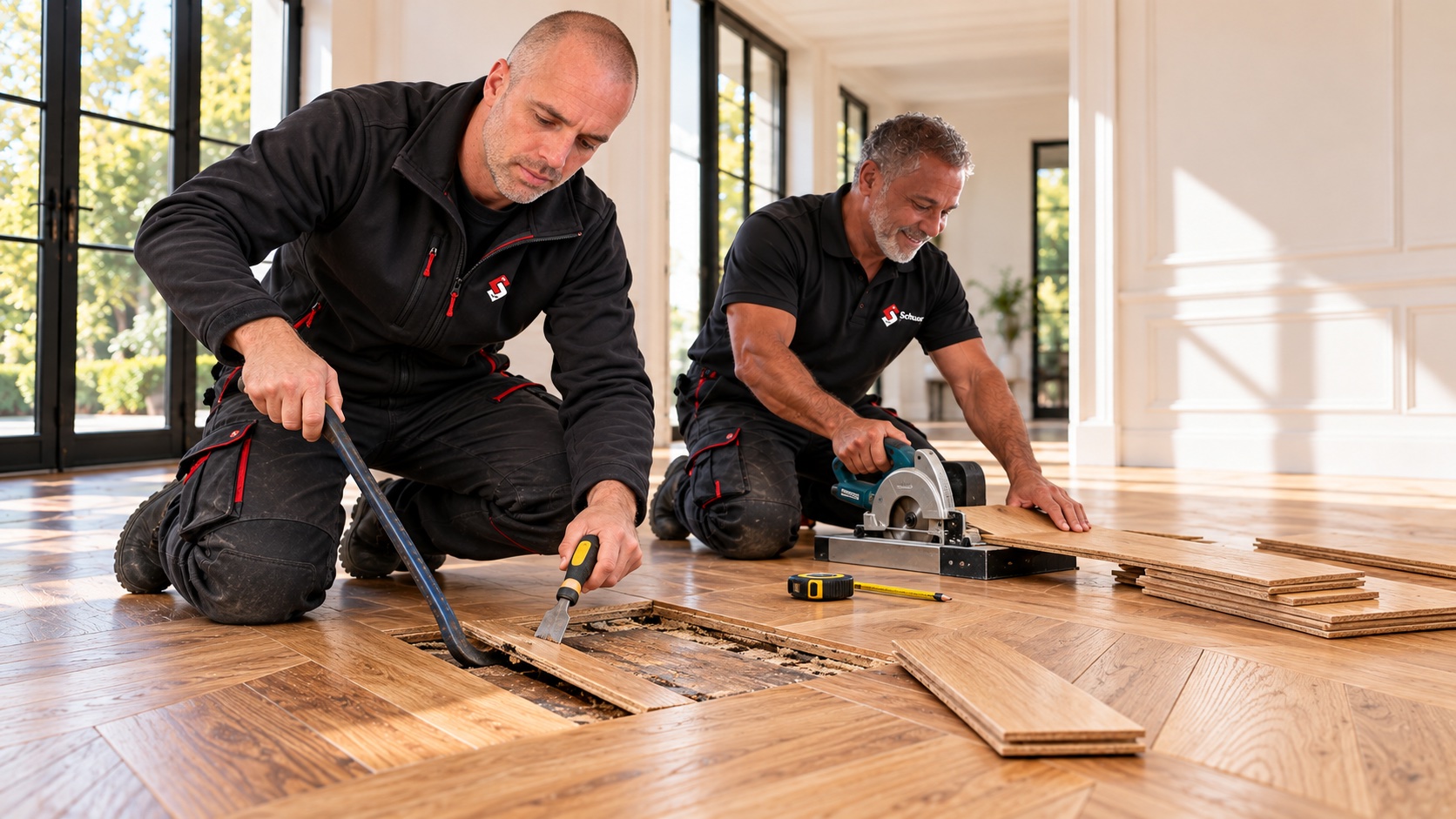 Detail van professionele reparatie aan eiken parket