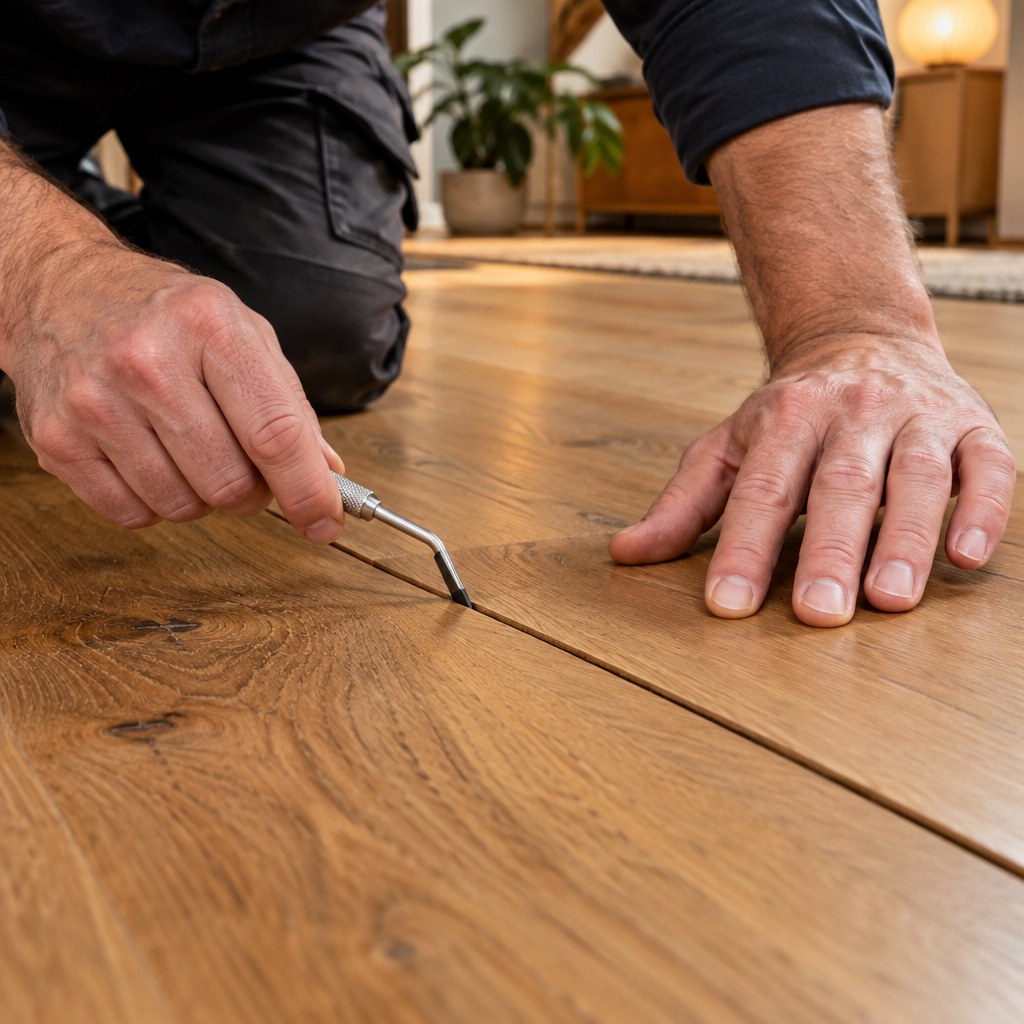 Vloerspecialist onderzoekt een houten vloerplank op beweging