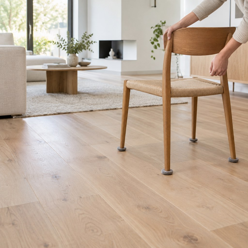 Vers afgewerkte houten vloer met meubels op beschermende viltglijders