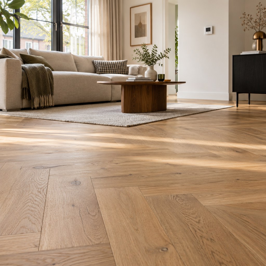 Houten parketvloer boven vloerverwarming in een lichte woonkamer